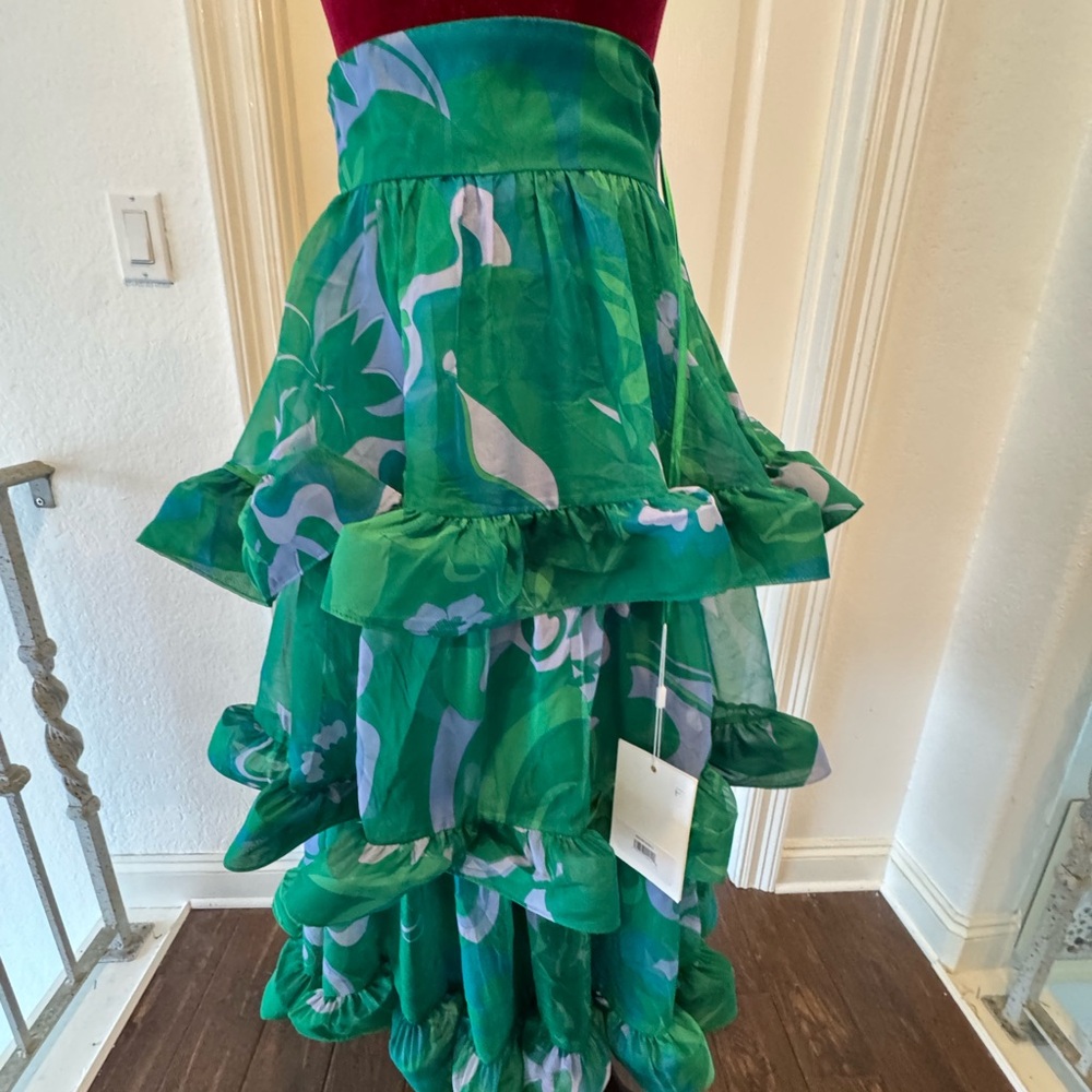 🦄 NWT Mac Duggal Sz 2 Printed Chiffon Green Floral A-Line Tiered Ruffle Skirt - Picture 3 of 16